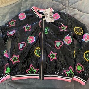 Hannah Banana Black Sequin Jacket with Pink and Green Accents